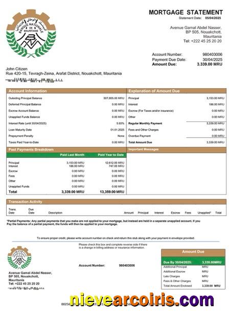 Mauritania Banque Nationale de Mauritanie (BNM) mortgage statement Word and PDF template